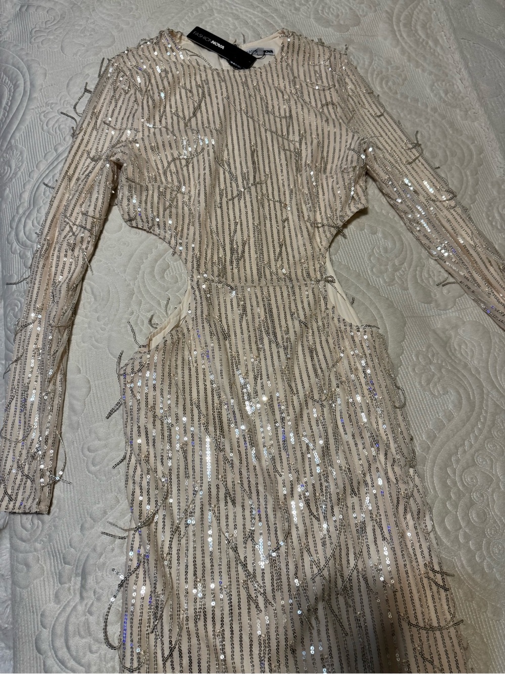 Fashion Nova Nude Sequin Long Sleeve Cutout Maxi Dress with cutout sides